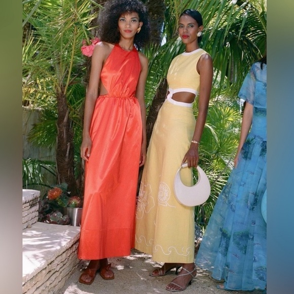 STAUD Satin Open Cut-Out Tie Back High Neck Halter Long Maxi Dress Orange - L - Picture 2 of 7